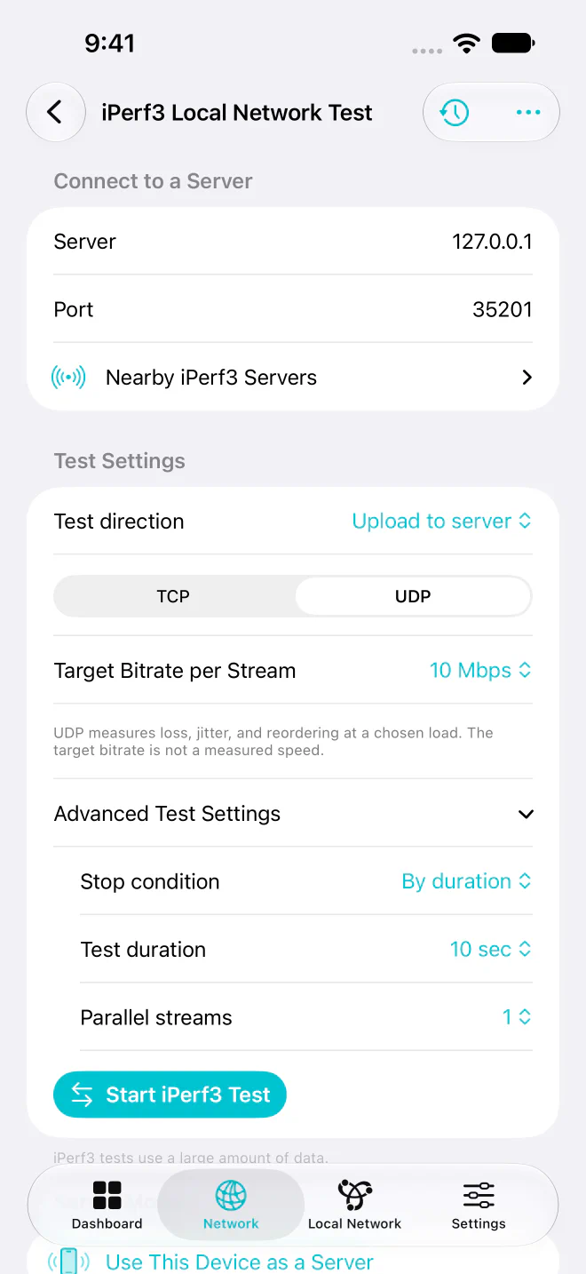 Syscope Pro 的 iPerf3 UDP 與進階測試設定。