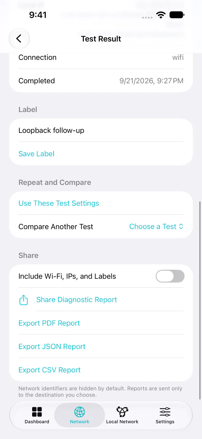Syscope Pro 的報告設定與 PDF、JSON、CSV 匯出選項。